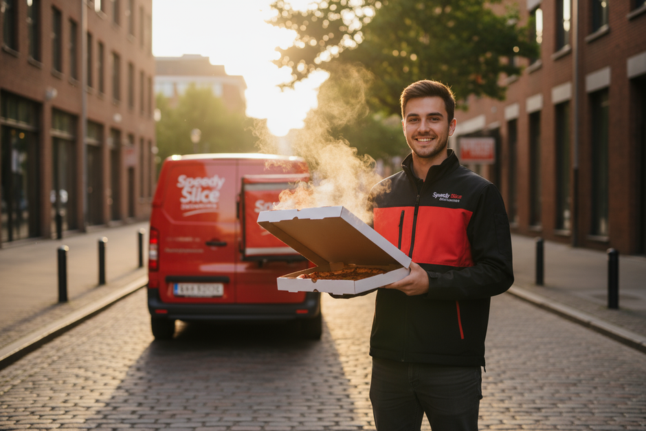 Hot pizza box beimg delivered by delivery driver