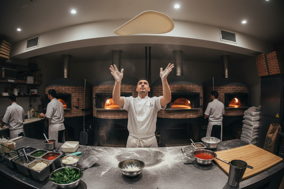 Can you show a pizza shop kitchen with a pizza guy spinning a pizza dough in the air in the background 